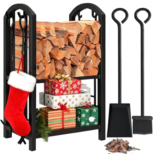Amagabeli Kaminholzregal Innen Brennholzregal mit 4 Kaminwerkzeug Kaminholzständer Kaminbesteck für Außen Kaminholzhalter Holzregal für Kamin Kaminofen...