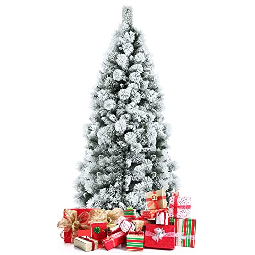 Happygrill 7Ft Hinged Slim Artificial Xmas Tree Snow-Flocked Pencil Christmas Tree With 875 Branch Tips, Premium Pvc Material, Metal Stand, Realistic Pine Tree For Holiday Decoration #TOP13