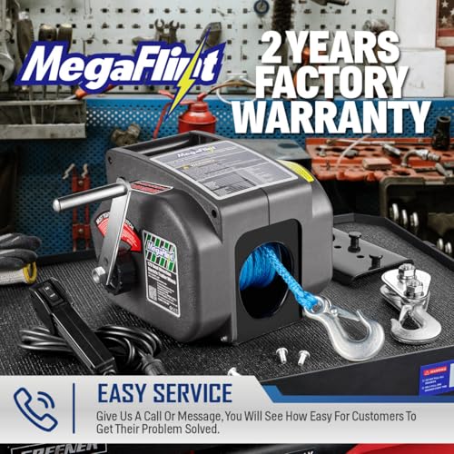 Megaflint Trailer Winch,Reversible Electric Winch, for Boats up to 6000 lbs.12V DC,Power-in, Power-Out, and Freewheel Operations,30% Higher winching Power Than Regular 6000 lbs Winch (5000lbs Marine)