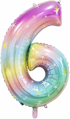 Miniatura 2 de Globos de 40 pulgadas con corona de arco iris número 6, globos de 6 cumpleaños para niños, decoraciones de cumpleaños número 6. (6)