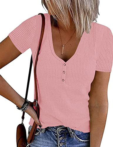 Image of MEROKEETY Women's 2026 Summer Short Sleeve Tops Casual V Neck T Shirts Ribbed Knit Henley Button Basic Blouse