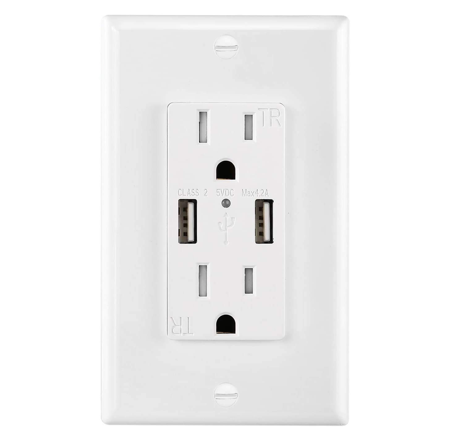 USB Outlet Charger Wall Plate, 4.2A High Speed Decora Outlet Receptacle with Dual USB Ports 15A 125V 60Hz Tamper Resistant & Free Faceplate-1Pack