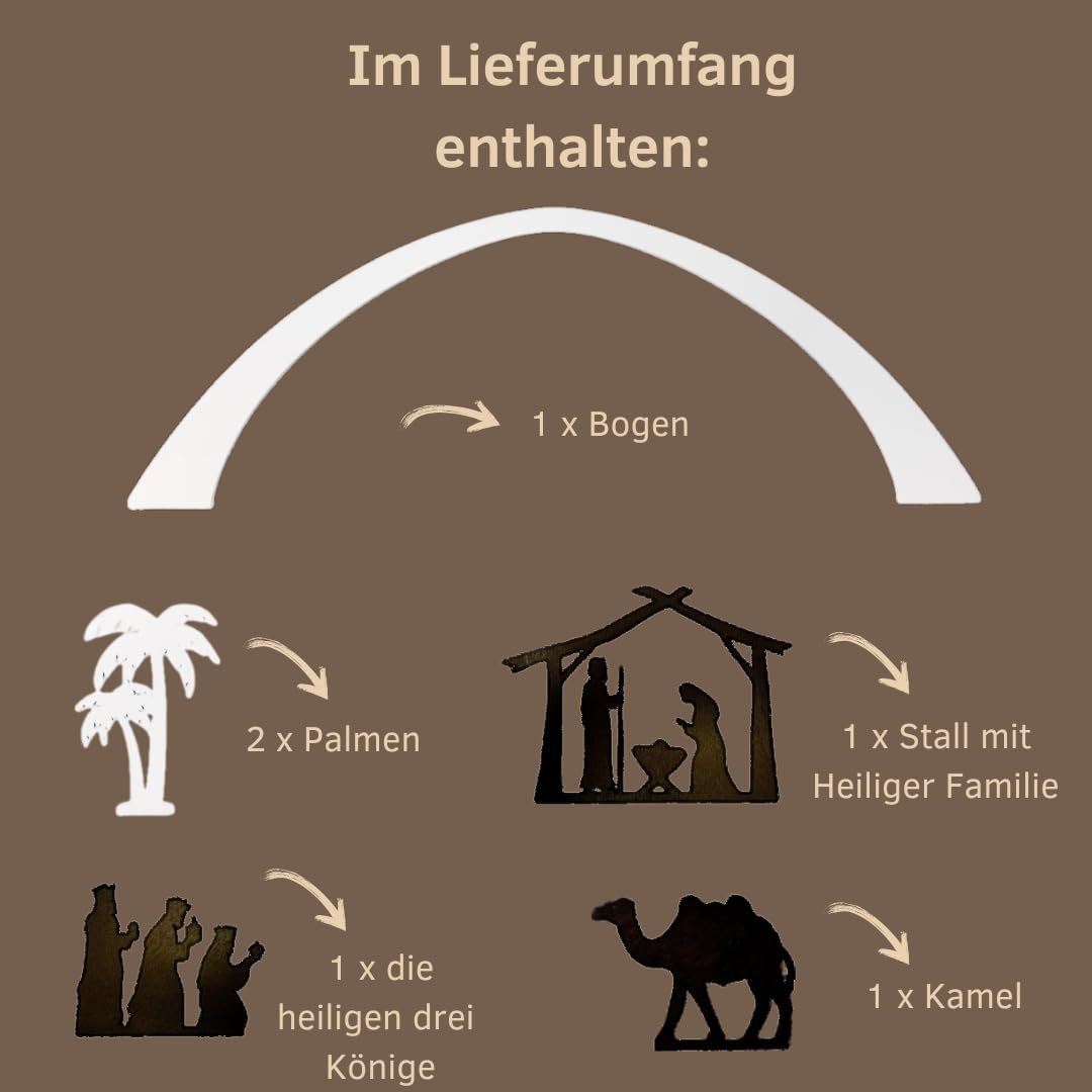 weigla - Figurenset 6 TLG. original Erzgebirge I Motiv Christi Geburt weiß/braun I Figurenset für Dekosockel I Weihnachtsdeko mit Heiliger Familie, Heilige DREI Könige, Palmen, Kamel & Bogen