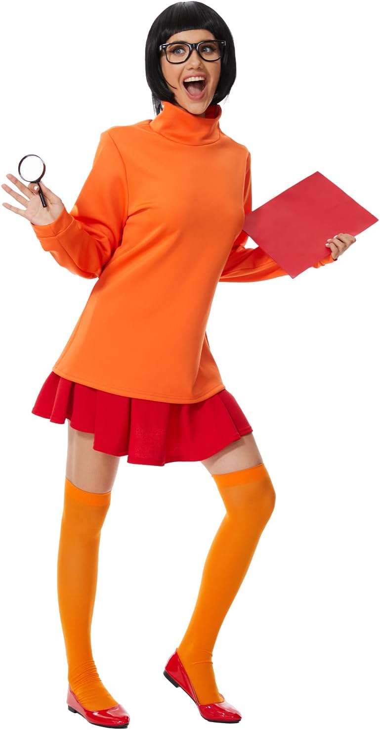 Velma Costume Adult Women Halloween Classic Movie Characters Costume with Bob Wig, Long Sleeve Turtleneck Crop Top - Image 2