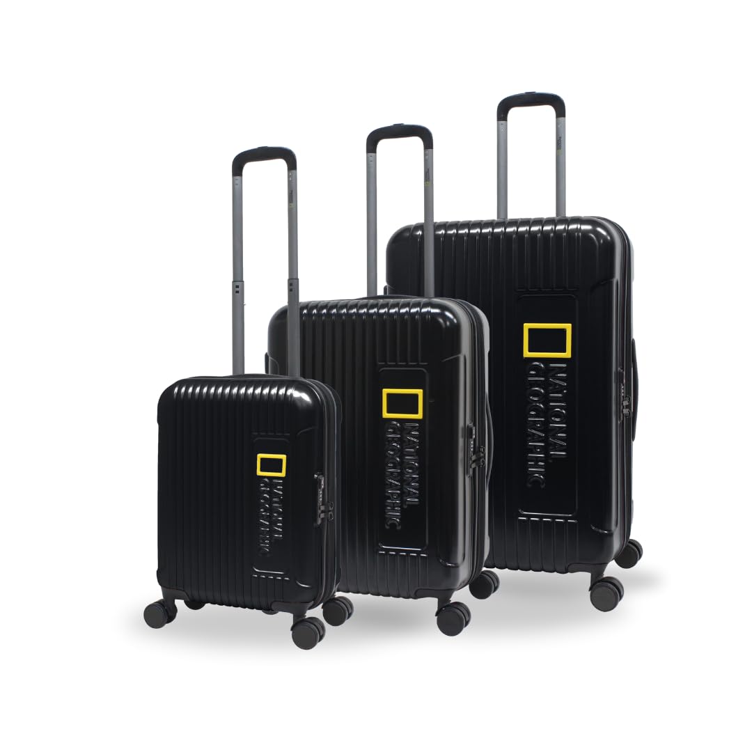 National Geographic3PCs NATIONAL GEOGRAPHIC Canyon Travel Bag ABS/PC Hardshell Luggage Set Black Durable Lightweight Expandable Anti-theft Zip Combination Lock Travel Suitcase 4 Double Wheel Trolley Bag (20+24+28 Inch)