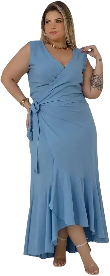 Vestido Envelope Plus Size Com Babado E Amarração Lateral