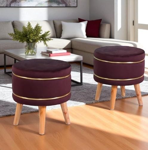 Image of Ottoman Stool for Living Room Foot Rest | Velvet Small Ottoman Foot Stool | Solid Wood Legs | Footstool Puffy for Home, Bedroom & Makeup Table | 16x16x18 Inch, Set of 2 (Coffee)