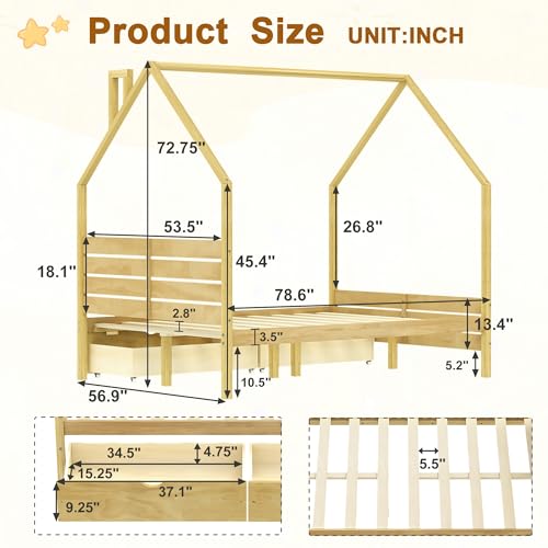 Image of Full Size House-Shape Platform Bed with Headboard and 2 Storage Drawers, Montessori Wood Bed Frame with Roof and Chimney Design, No Box Spring Needed, Easy Assembly (Natural-06, Full)