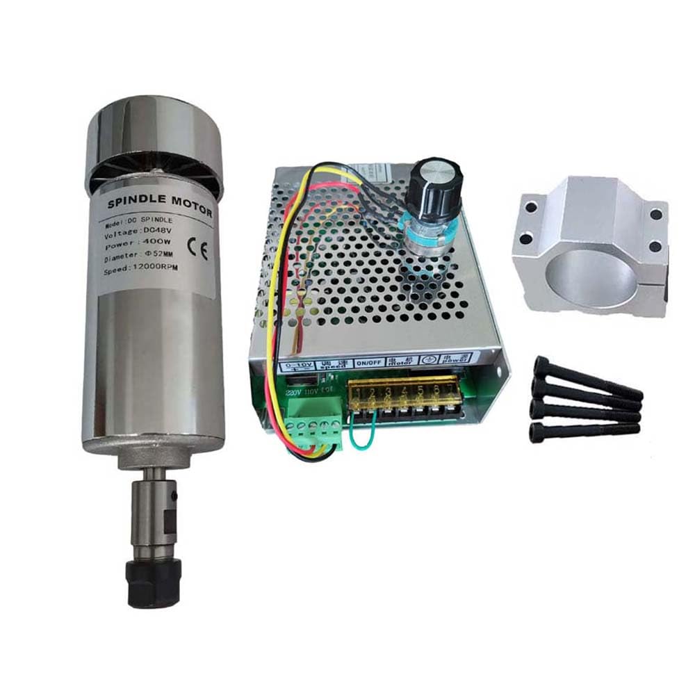 XINHUANGDUO 400W ER11 Air Cooled Spindle Motor 52mm 48V DC 12000RPM Spindle Speed Power Converter AC110V/220V with Mach3 Fuction 52mm Spindle Mount ER11 Collet 13 pcs for CNC Router