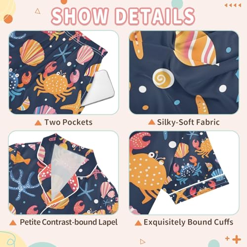 senya Colorful Crabs Shells Satin Summer Pajama Sets Silk Short Sleeve Button Down Sleepwear3