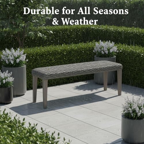 Image of Outdoor Rattan Backless Bench, All-Weather Wicker & Solid Acacia Wood, Upholstered Premium Garden Bench with Woven Rattan Seat and Thick Outdoor Cushion for Patio, Porch, Living Room or Entryway