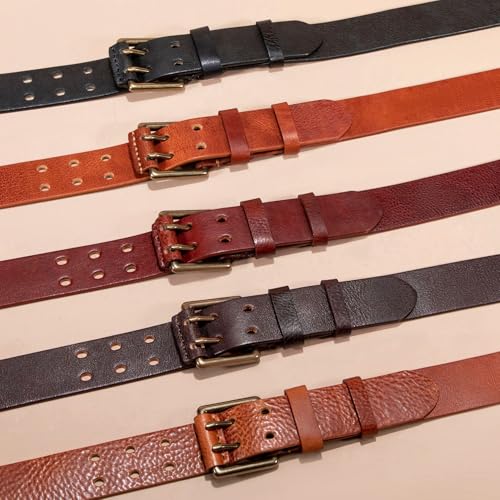 Unisex Double Prong Belt - Heavy Duty Full Grain Leather Vintage Distressed, 2 Holes Jeans Strap2