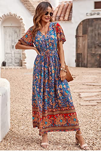 Prettygarden Women's Casual Summer Boho Floral Print Dress V Neck Short Sleeve High Waist Long Maxi Beach Dresses (A-Blue,Large) #TOP6
