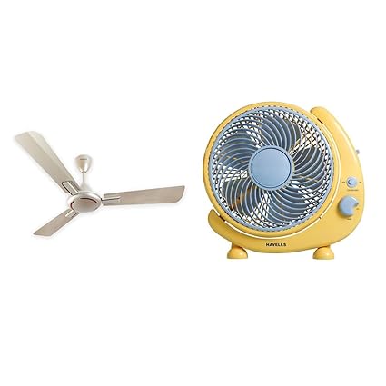 Havells Ambrose 1200mm Ceiling Fan (Gold Mist Wood)+Havells Cresent 250mm Personal Fan (Yellow)