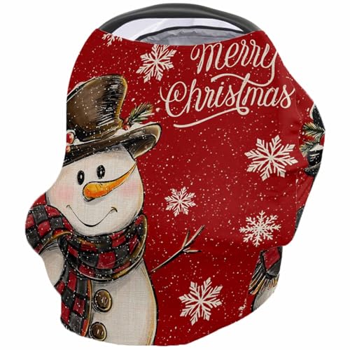 Nursing Cover for Breastfeeding Scarf, Vintage Red Merry Christmas Hand Drawn Snowman Baby Car Covers Super Soft Multi Use for Canopy Shopping Cart Cover Blanket Stroller Cover