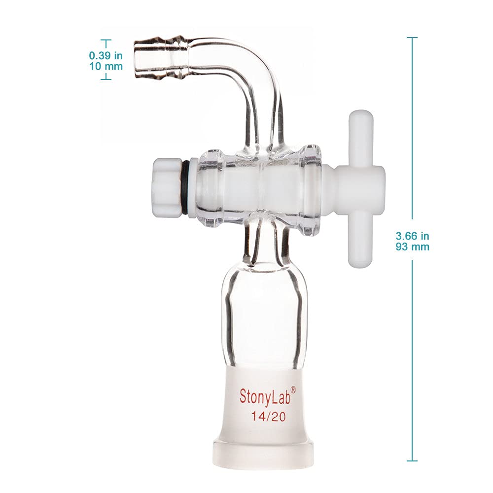 stonylab Adaptateur de Contrôle de Débit de Vide, Adaptateur en Verrerie avec Robinet D'arrêt en PTFE et Raccord de Tuyau Coudé, Adaptateur de Joint Extérieur Standard 14/20 pour Laboratoire Chimie