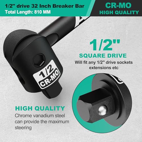 Image of 1 /2 inch Drive 32 Inch Breaker Bar, Heavy Duty Head, Premium Chromium-Molybdenum Steel, Laser Etched Marking, for Grip and Break Loose Tight Bolts, Nuts