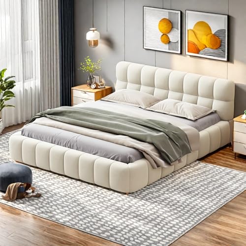 Générique Lit Double 140x190 à Bulles rembourré, Lit capitonné avec sommier à Lattes et Dossier Souple, Cadre de lit pour Adolescents et Adultes, Plat, Lin, Beige,...