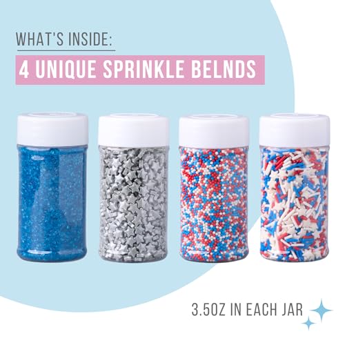 Image of Sweets Indeed 4th of July Sprinkles 4-Pack Set - Patriotic Stars, Sanding Sugar, Nonpareils and Jimmies Mix for Baking & Decorating Cupcakes, Cookies, Cakes & Desserts - 12.25 ounces