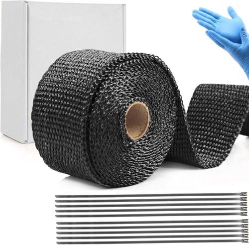 Yosugi 20M Hitzeschutzband 20m*5cm Heat Protection Tape 10 KabelbinderEdelstahl Hitzeschutzband für Fächerkrümmer Thermoband Krümmerband Auto Motorrad Auspuff (Schwarz)