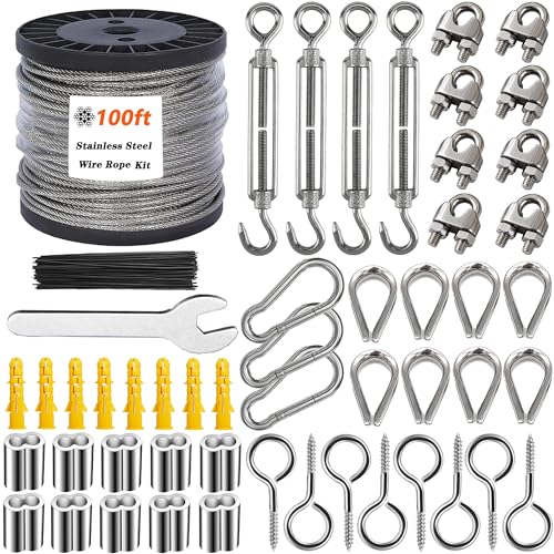 Kit de câble métallique de 3 mm, 30 m de câble en acier inoxydable revêtu de vinyle avec tendeurs M5 pour kit de suspension d'éclairage extérieur, câble...
