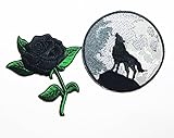 PP patch Set 2 Black Rose Flower patch , WOLF HOWLING patch DIY Applique Embroidery Iron on Patch