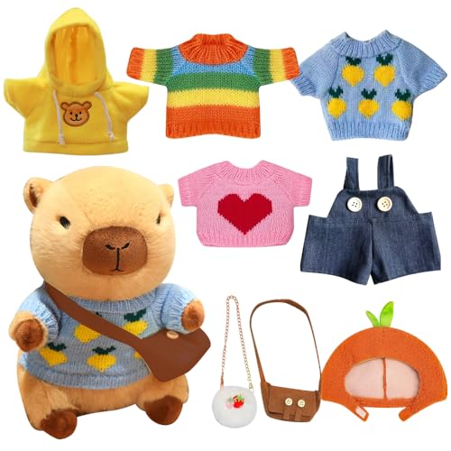FENYW Capybara Kuscheltier, 8 PCS Dress Up Capybara Plüschtier, 30 cm Niedlichen Capybar Plushie mit Kleidung Tasche Hut für Kinder als Heimdekoration, Geburtstagsgeschenk