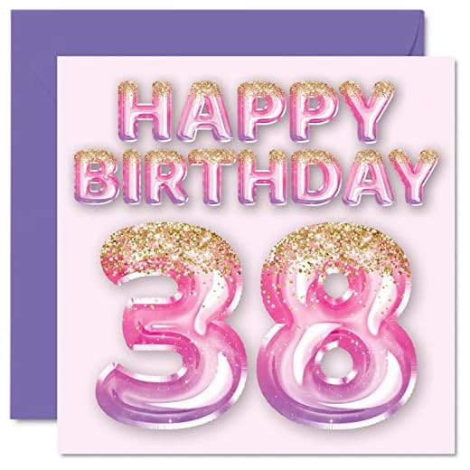 Stuff4 Tarjeta de cumpleaños número 38 para mujer, globos de purpurina rosa y morado, tarjetas de feliz cumpleaños para mujer de 38 años, amiga, hermana, madre, tía, 145 mm x 145 mm, 38 tarjetas de