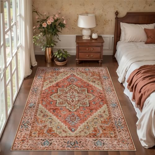 Image of Tangsoo Boho 3x5 Rug, Washable Non Slip Accent Rugs for Entryway Terracotta