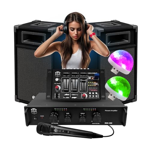 Kit Complet Sono 300W Bm Sonic BMS-DJ300 Initiation DJ Enceintes Ampli Table de Mixage Bluetooth USB, Micro, 2 Mini Lumières LED