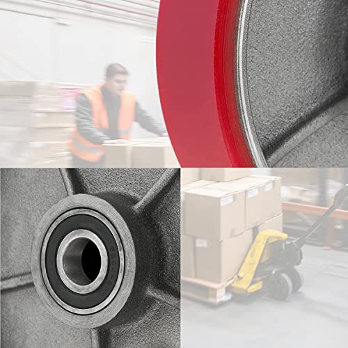 Image of Pallet Jack /Truck Steering Wheels Set with Axle, Fasteners and Protective Caps (2 pcs) 7 inch x 2 inch with Bearings ID 20mm Poly Tread Red