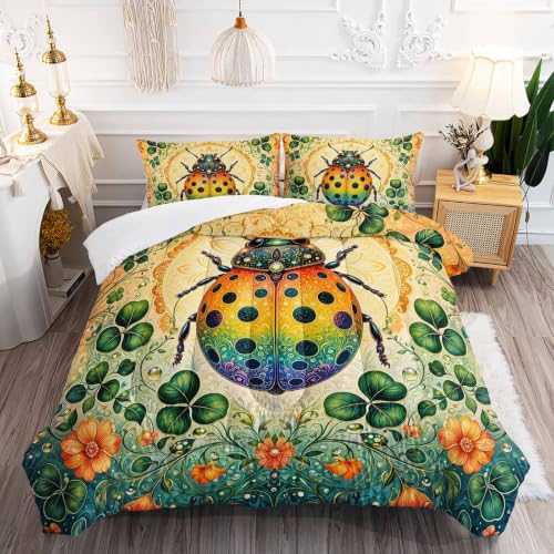 Image of AILONEN Queen Comforter Set 3 Piece, Rainbow Ladybug Clover Garden 3D Printed Bedding with 2 Pillowcases, Soft Lightweight Microfiber Nature Decor for Master Suite