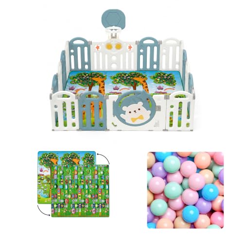 Image of Kids Station Blue Bear Large Playpen with Playmat, Hoop & 20 Balls Included, Safe Play Yard for Infants & Toddlers 180 * 200, Easy Assembly, Anti-Slip Base