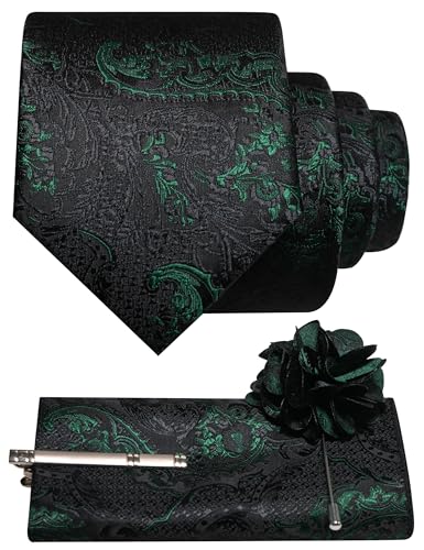 JEMYGINS Ensemble de cravates basées noires pour homme, mouchoir de poche, pince à cravate, pince à cravate, boutonnière avec motif baroque, pour mariage,...