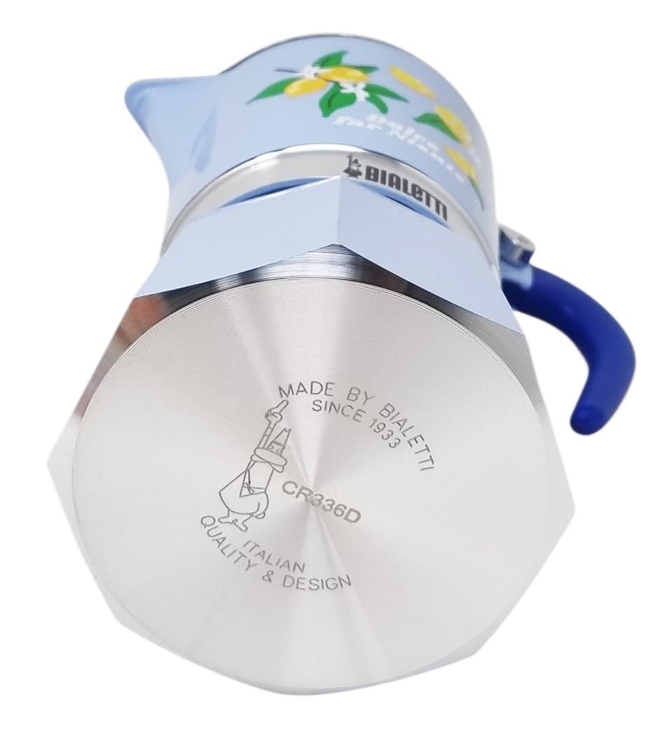 Bialetti Cafetière Moka Rainbow Dolce Far Niente 3 Tasses Bleue avec Citrons en Aluminium 130 ml Manuelle Préparation de Café Expresso