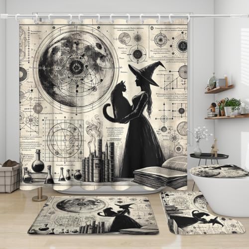 KuracleGH Vintage Cartoon Magic Witch Shower Curtain Sets 4 Pcs,Retro