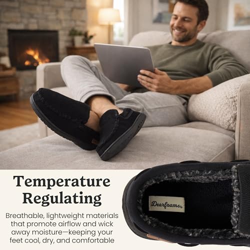 Image of Dearfoams Men's Keaton Moccasin House Shoes With Memory Foam, Indoor Slippers With Wide Widths