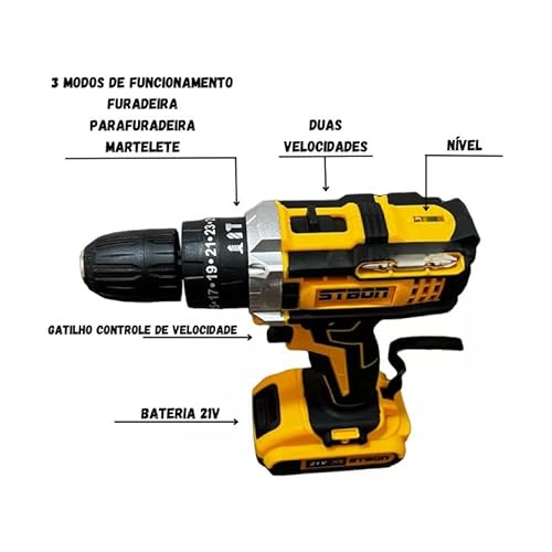 Furadeira Parafusadeira de Impacto Profissional 21V Bivolt - Sem Fio com 2 Baterias de Lítio, Maleta