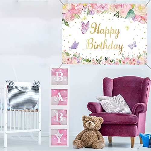 Happy Birthday Backdrop Banner Party Decoration for Girl Birthday Party Fabric Sign Poster, Floral and Butterfly Background 1st 2nd 3rd 4th 5th 6th 10th Birthday Party Supplies, 150x90cm