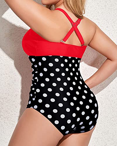 Yonique Women Plus Size One Piece Swimsuits Tummy Control Bathing Suits Vintage Swimwear Red And Polka Dot 22Plus #TOP2