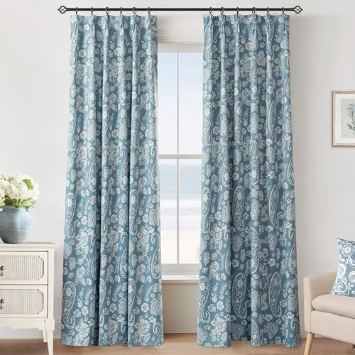 Light Blue and White Blackout Curtains for Bedroom, Coastal Beachy Floral Patterned Pinch Pleated Boho Paisley Ocean Beach Curtains for Living Room 84 Inch Long 2 Panels Set, Dusty Blue