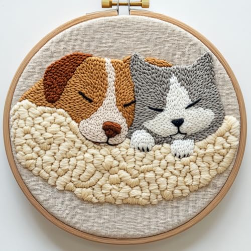 Punch Needle Kit for Beginners, Needle Punch Kits for Adults, Punch Stitching Kit for Adults with Cats and Dogs Design, Perfect for DIY Crafts, Embroidery Projects, and Festival Decorations