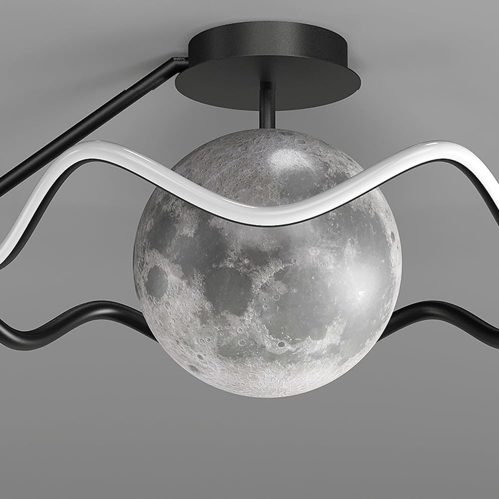 23.6" Moon Dimmable LED Semi Flush Ceiling Light for Kids Room 3D Printing Planet Large Round Close to Ceiling Light Fixtures Mid Century Modern Light for Dining Room Kitchen Living Room