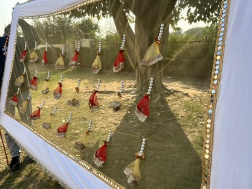 Image of Bridal Net Chunari Dupatta for Wedding Entry & Ceremony - Bridal Chunni, Pack of 1 (Red Gold on White Base)