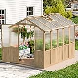 HUSFU 6x8x6.5 FT Wooden Greenhouse, Easy Assembly Thick Solid Cedar Frame Polycarbonate Greenhouse for Outdoors w/ Adjustable Roof, Lockable Door, Walk-in Green House for Outside Backyard Garden