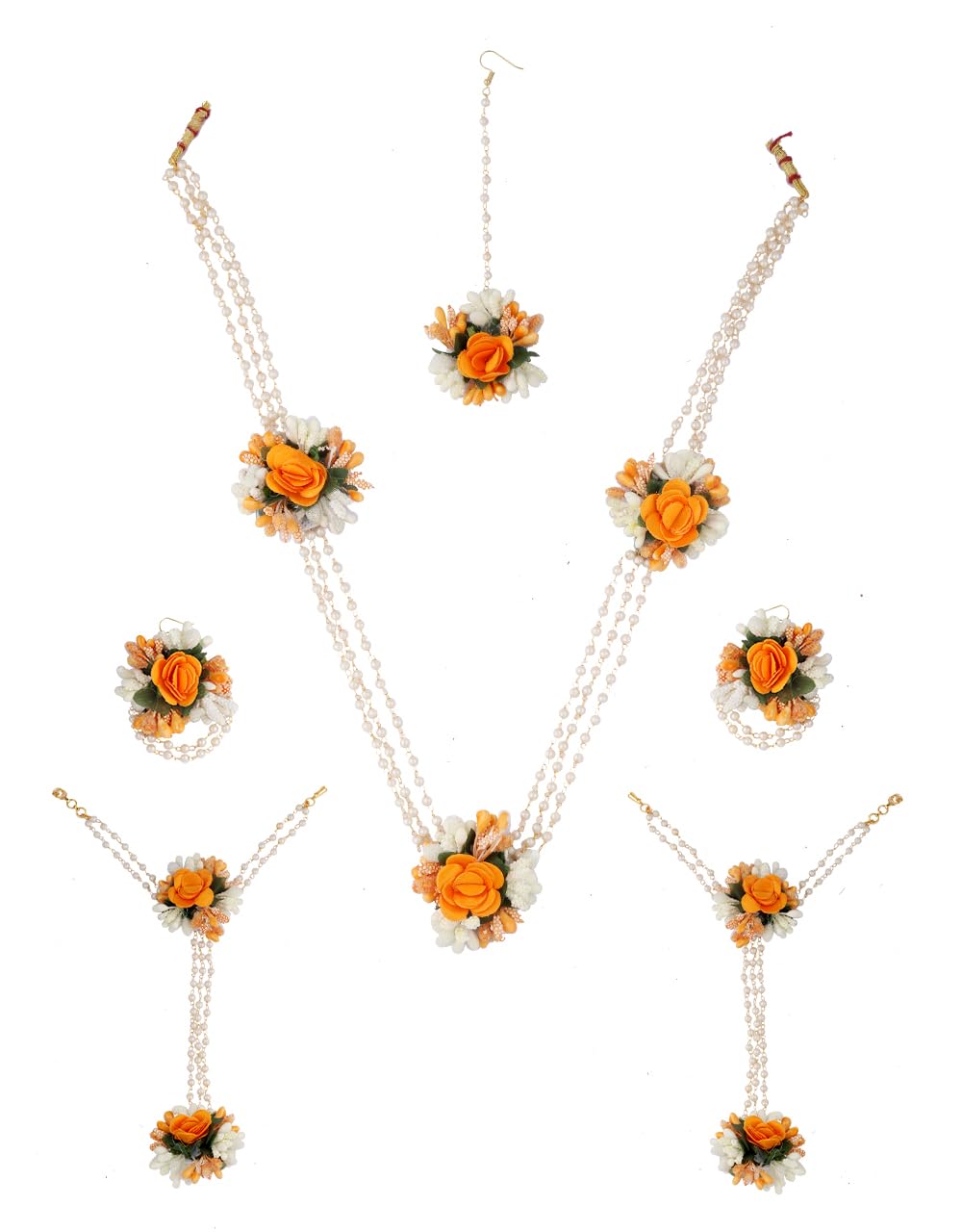Dazzling Orange and White Colour Flower Jewellery Set for Haldi Gota Patti Necklace Earrings, Bracelet & Maang Tika for Women & Girls (Mehandi/Haldi/Wedding/Bridal/Baby Shower).-image-24