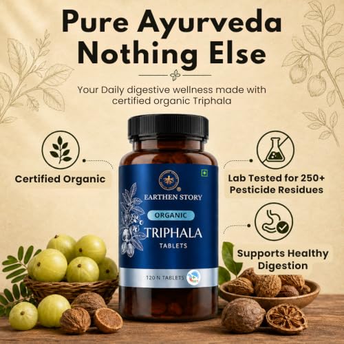 Image of Earthen Story Certified Organic Triphala Tablets (120) | Lab Tested for 180+ Pesticides | Amla, Haritaki & Bibhitaki for Digestion, Gut Detox & Daily Wellness | Vegan, Non-GMO