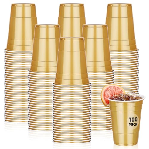 Dualshine 100 Pack 16 oz Gold Plastic Cups Disposable Plastic Party Cups Heavy Duty Drinking Water Cup for Wedding Birthday Graduation Valentines Day Christmas Baby Shower Picnic Barbecues Supplies