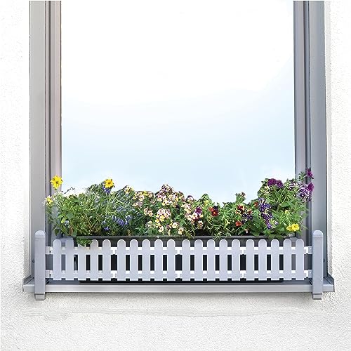 Set básico Masu, sujeta macetas ventana alféizar ventana exterior, carril telescópico 78-140cm, soporte anticaida de jardineras, soporte para maceteros, edición Austriaca (señal gris, clásico)