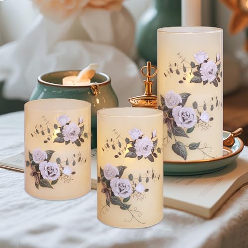 Image of Glass Flameless LED Candles with Timer, Battery Operated Flickering Wax Pillar Candles with Remote, Rose Floral Decoration for Spring Wedding Love Themed Party